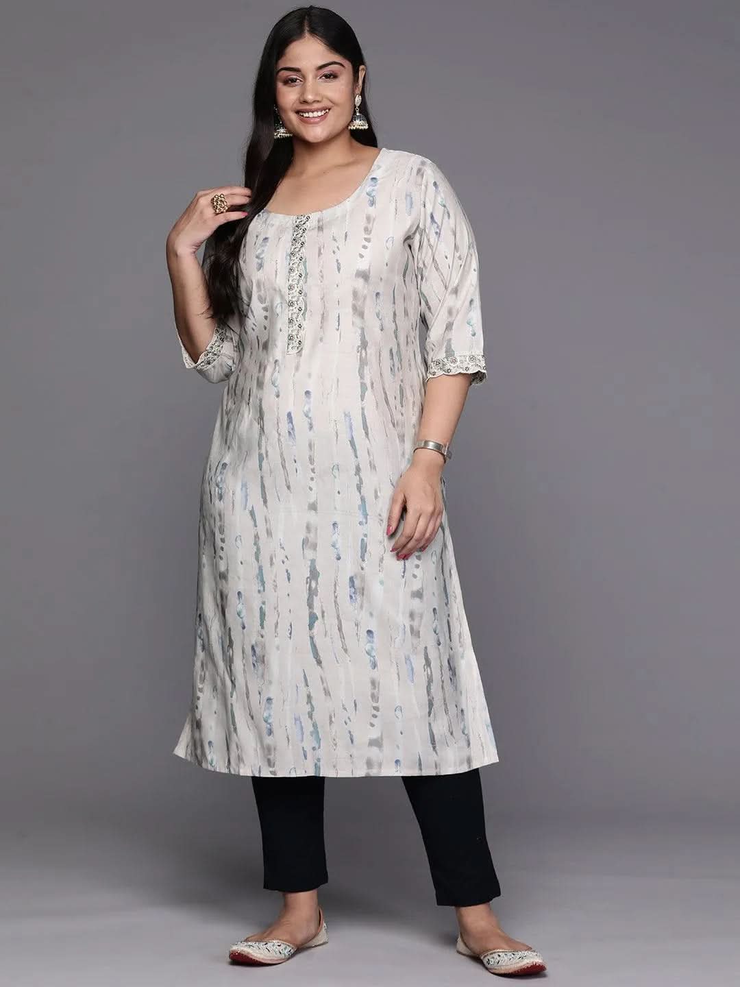 Grey Printed Silk Straight Kurta - Libas 