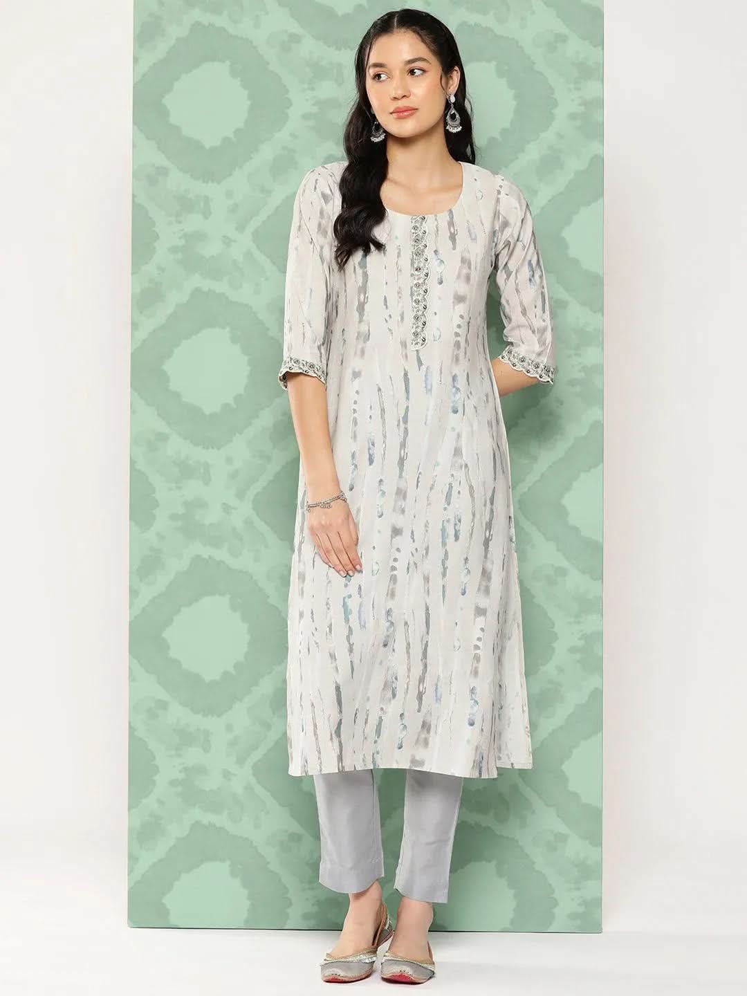 Grey Printed Silk Straight Kurta - Libas 
