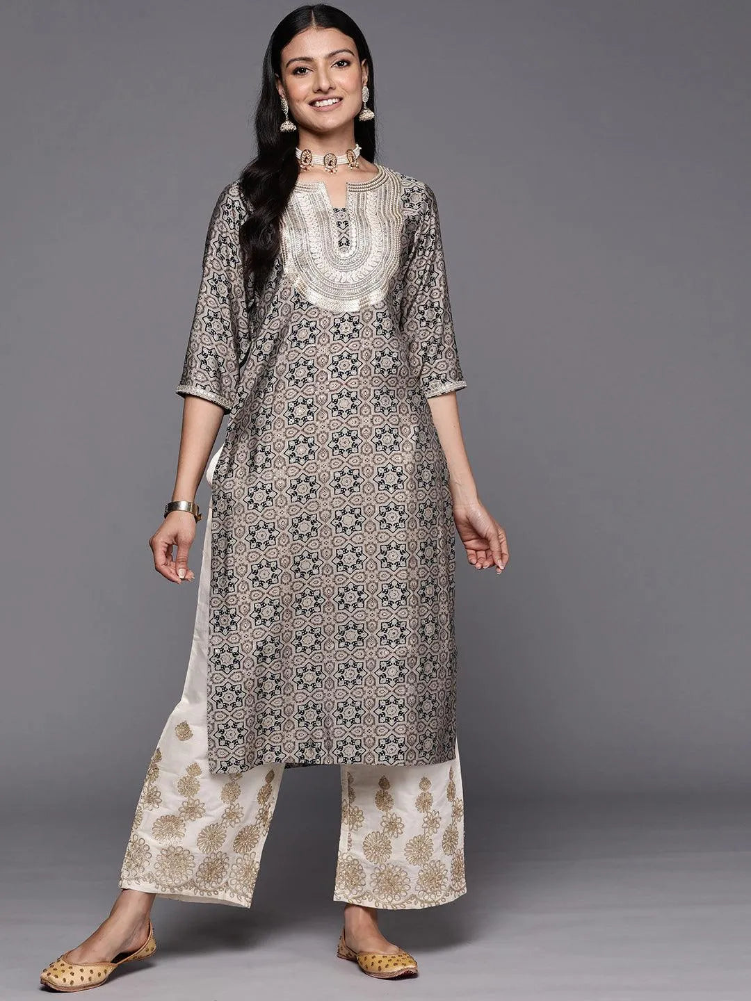 Grey Printed Silk Straight Kurta - Libas 