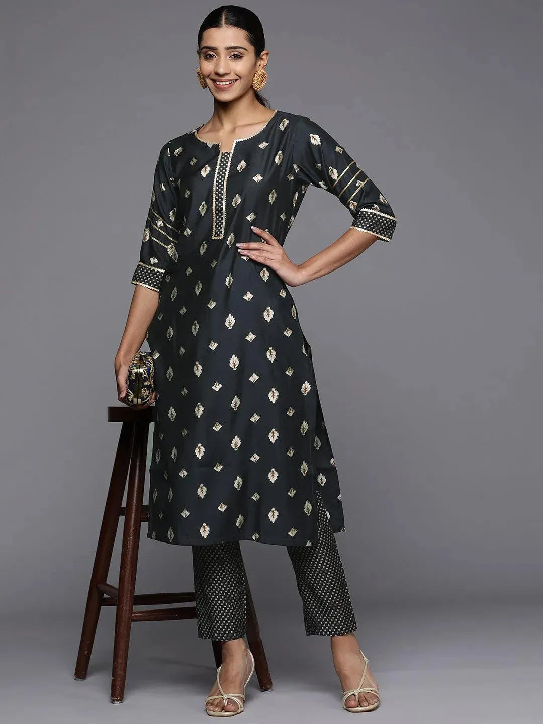 Grey Printed Silk Straight Kurta - Libas