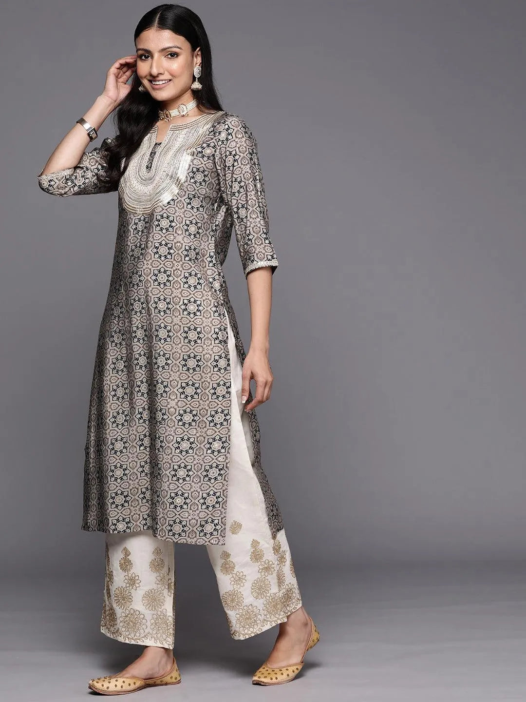 Grey Printed Silk Straight Kurta - Libas 