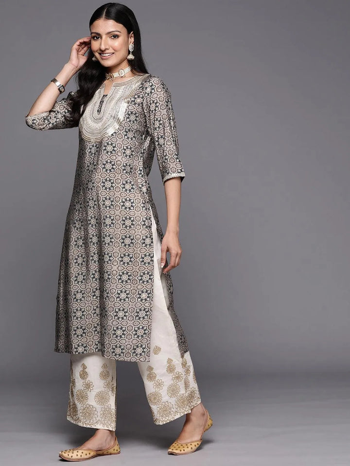 Grey Printed Silk Straight Kurta - Libas