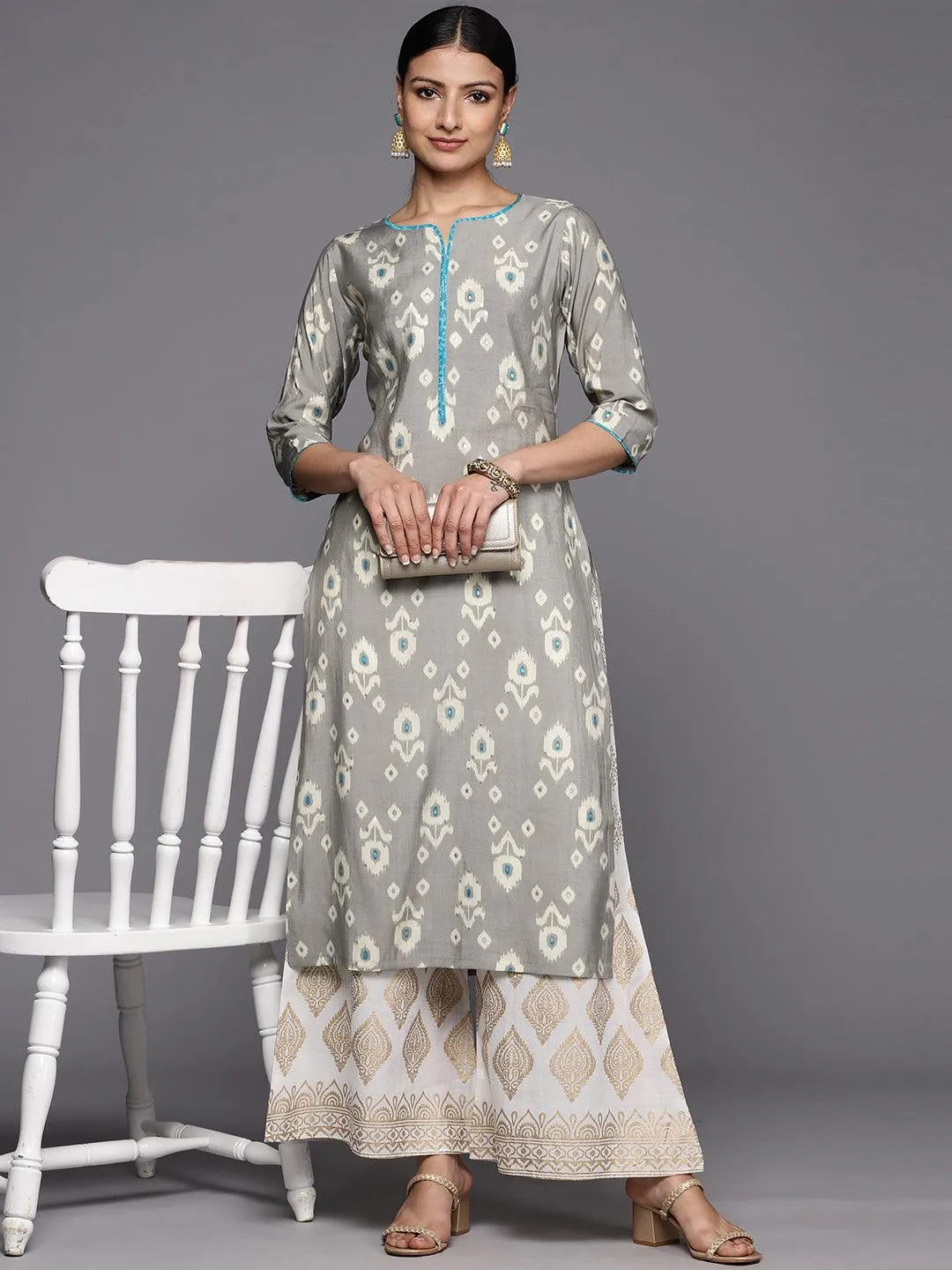 Grey Printed Silk Straight Kurta - Libas 