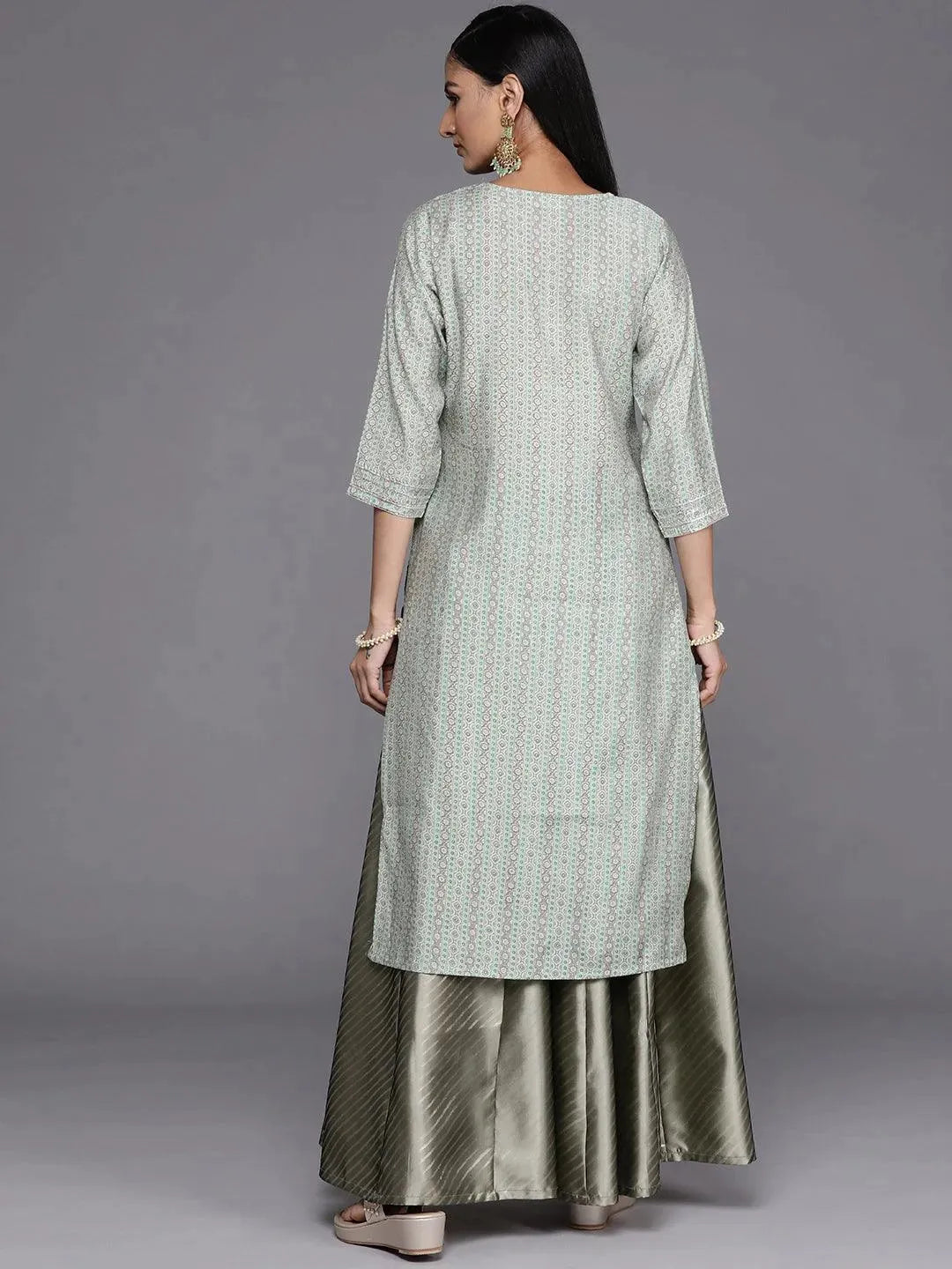 Grey Printed Silk Straight Kurta - Libas 
