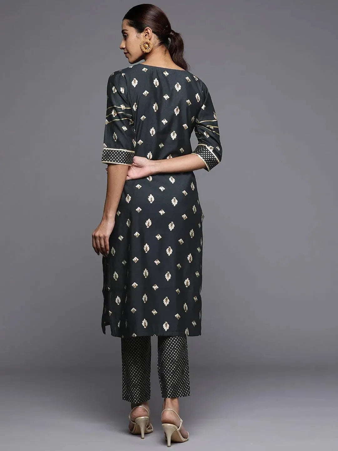 Grey Printed Silk Straight Kurta - Libas