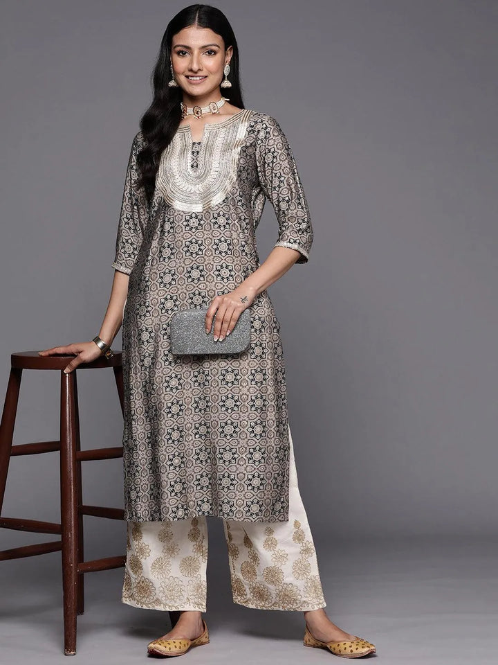 Grey Printed Silk Straight Kurta - Libas