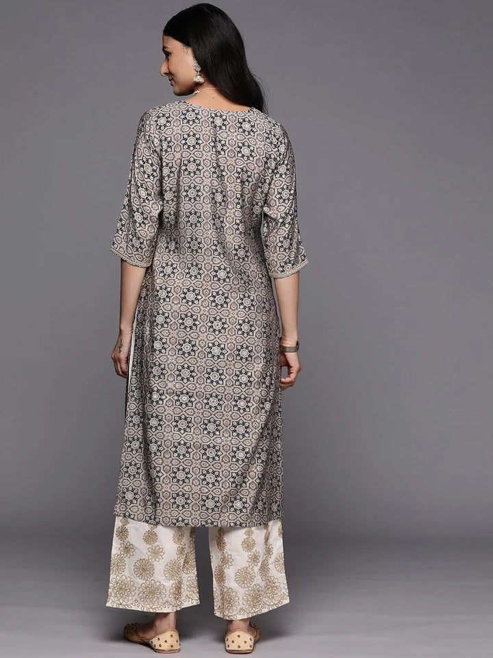 Grey Printed Silk Straight Kurta - Libas