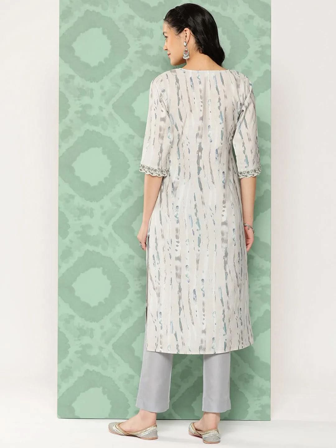 Grey Printed Silk Straight Kurta - Libas 