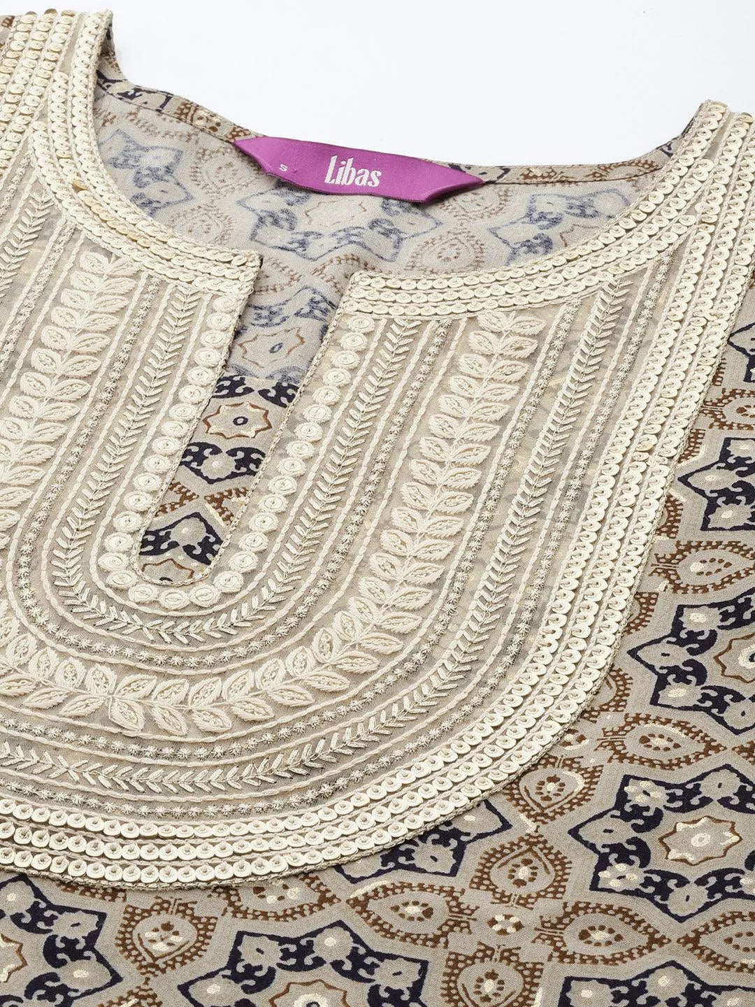 Grey Printed Silk Straight Kurta - Libas 