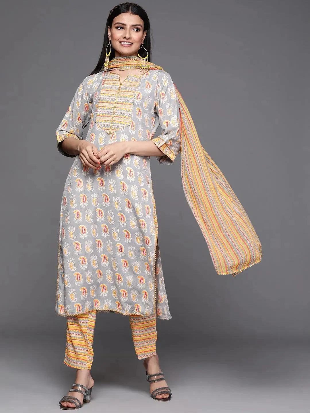 Grey Printed Silk Suit Set - Libas