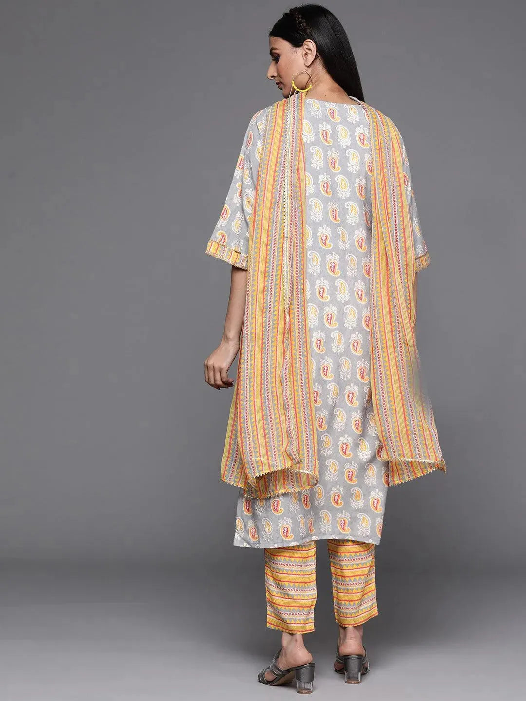 Grey Printed Silk Suit Set - Libas 