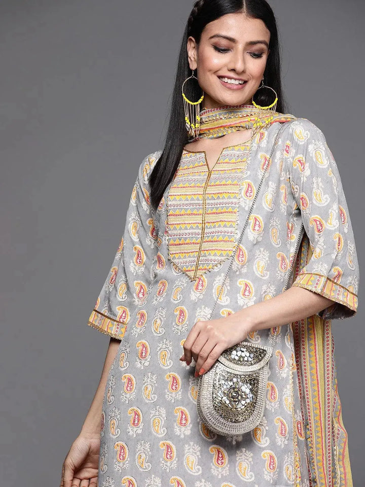 Grey Printed Silk Suit Set - Libas