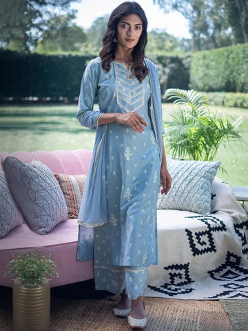 Grey Printed Silk Blend Straight Kurta With Palazzos & Dupatta