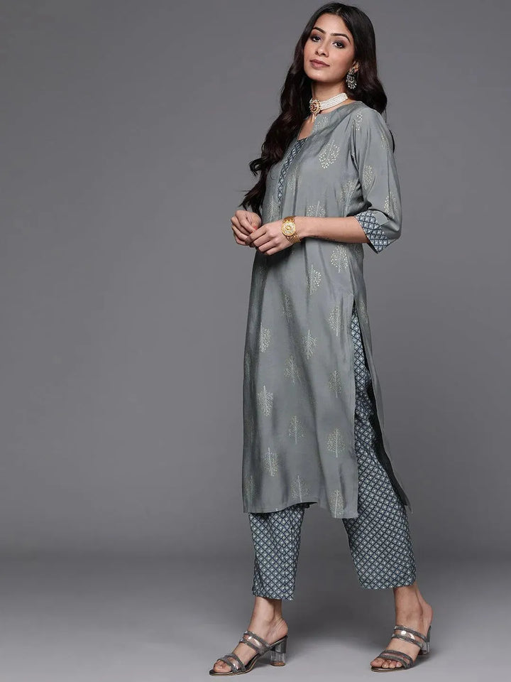 Grey Printed Silk Suit Set - Libas