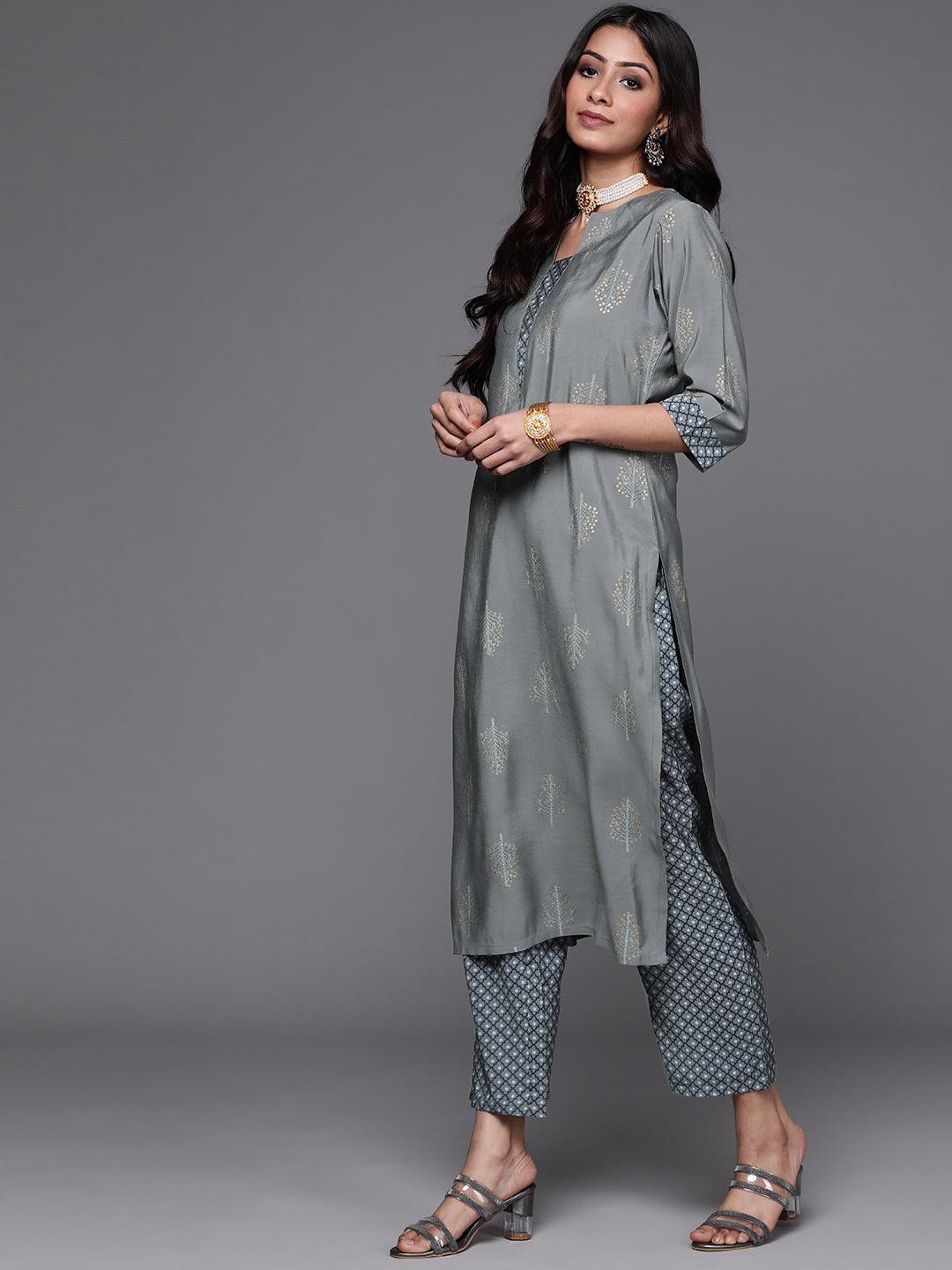 Grey Printed Silk Suit Set - Libas