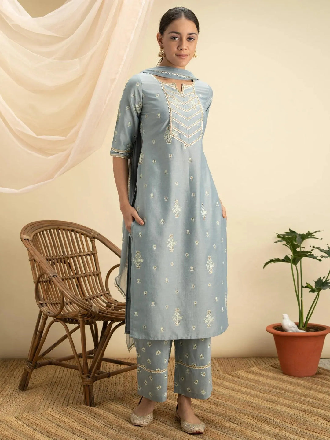 Grey Printed Silk Straight Suit Set - Libas 