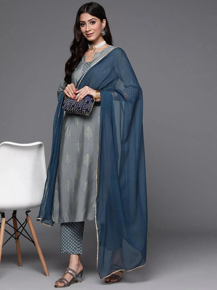 Grey Printed Silk Suit Set - Libas
