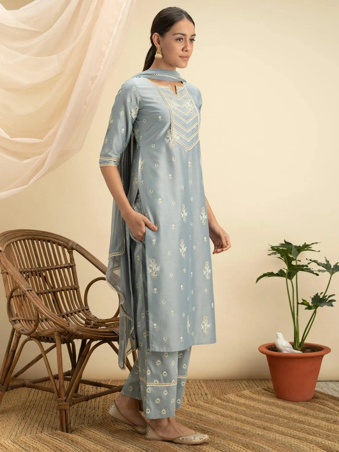 Grey Printed Silk Straight Suit Set - Libas