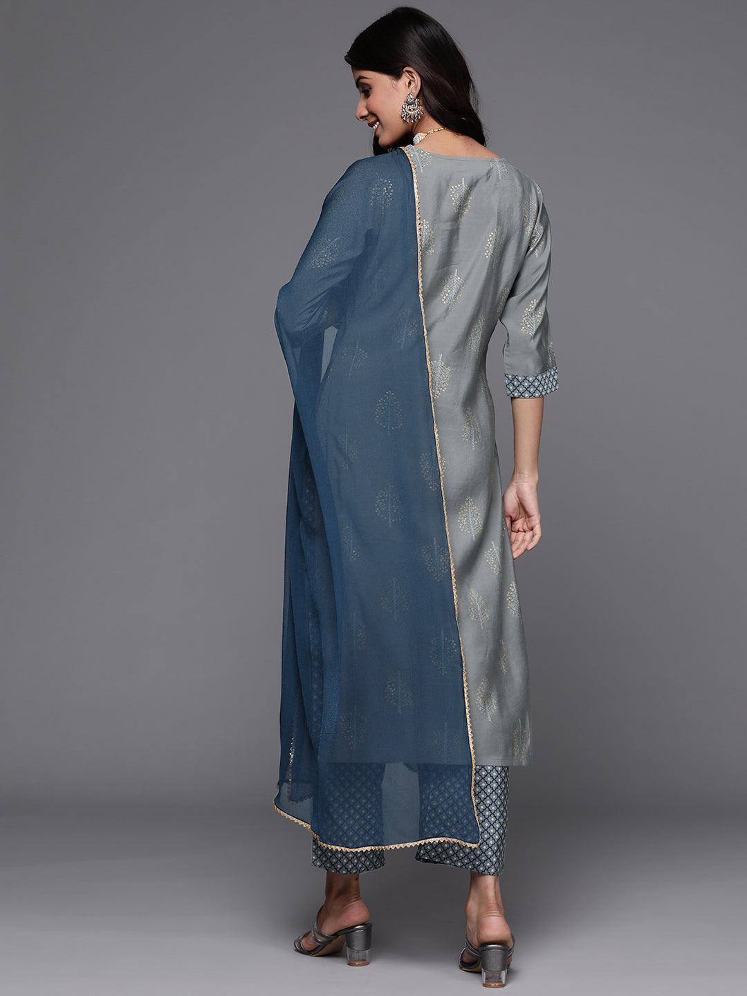 Grey Printed Silk Suit Set - Libas