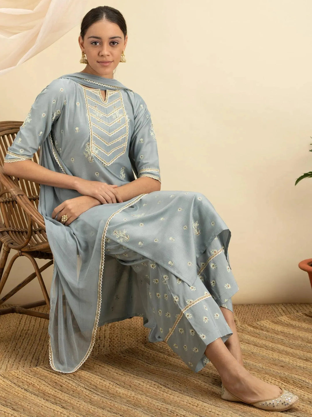 Grey Printed Silk Straight Suit Set - Libas