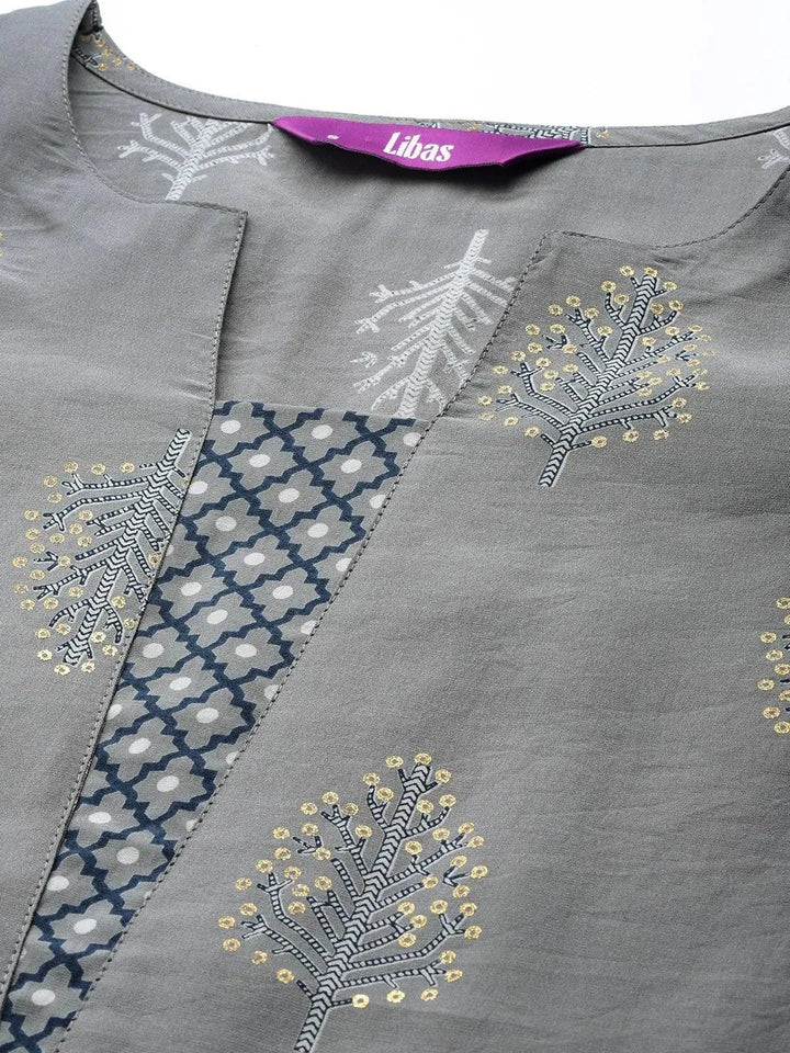 Grey Printed Silk Suit Set - Libas