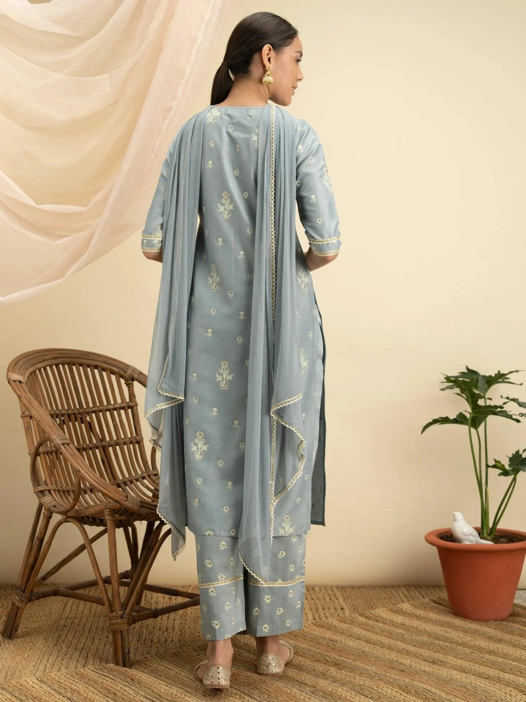 Grey Printed Silk Straight Suit Set - Libas