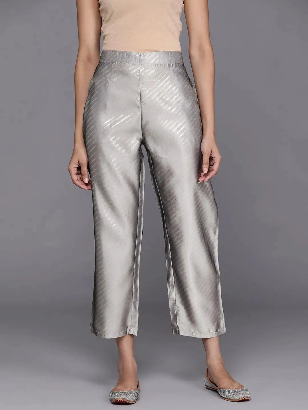 Grey Printed Silk Trousers - Libas