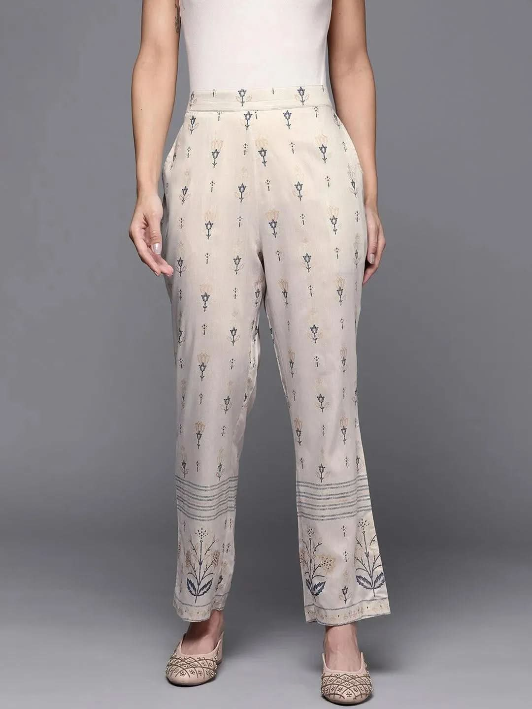 Grey Printed Silk Trousers - Libas