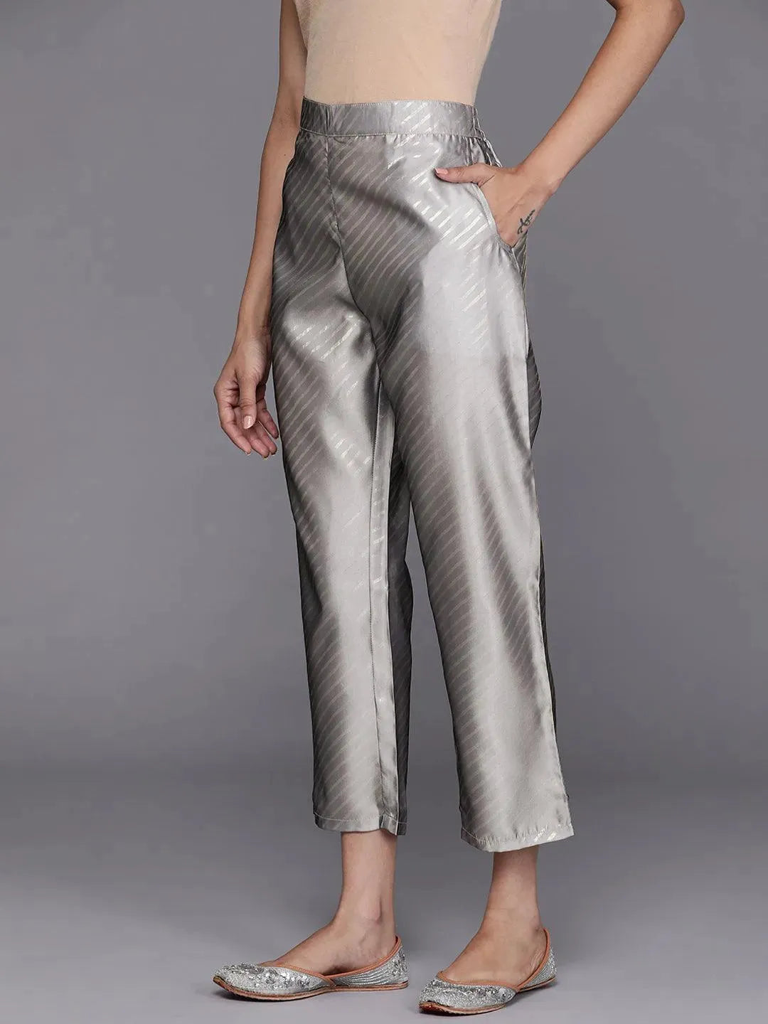 Grey Printed Silk Trousers - Libas