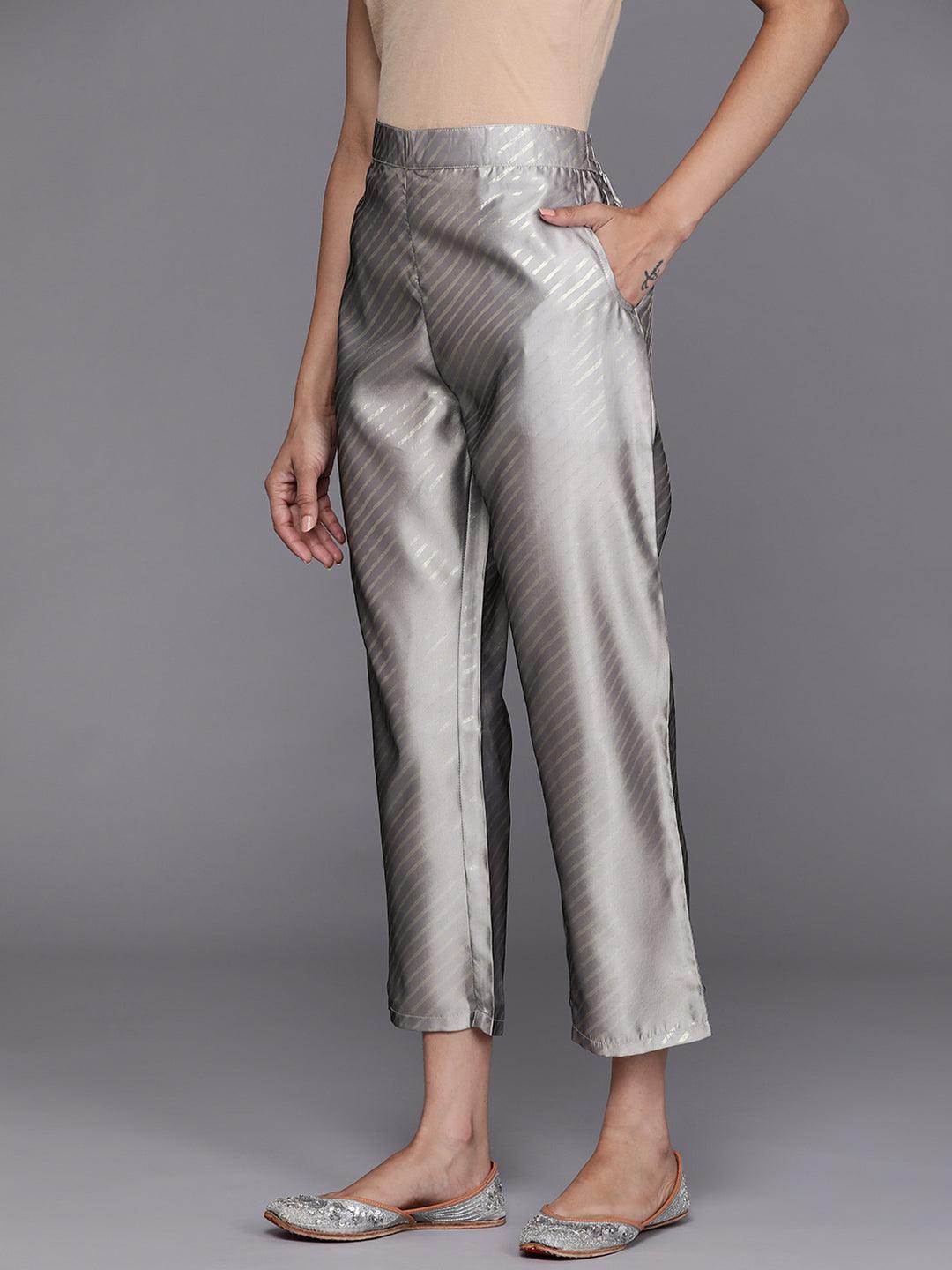 Grey Printed Silk Trousers - Libas