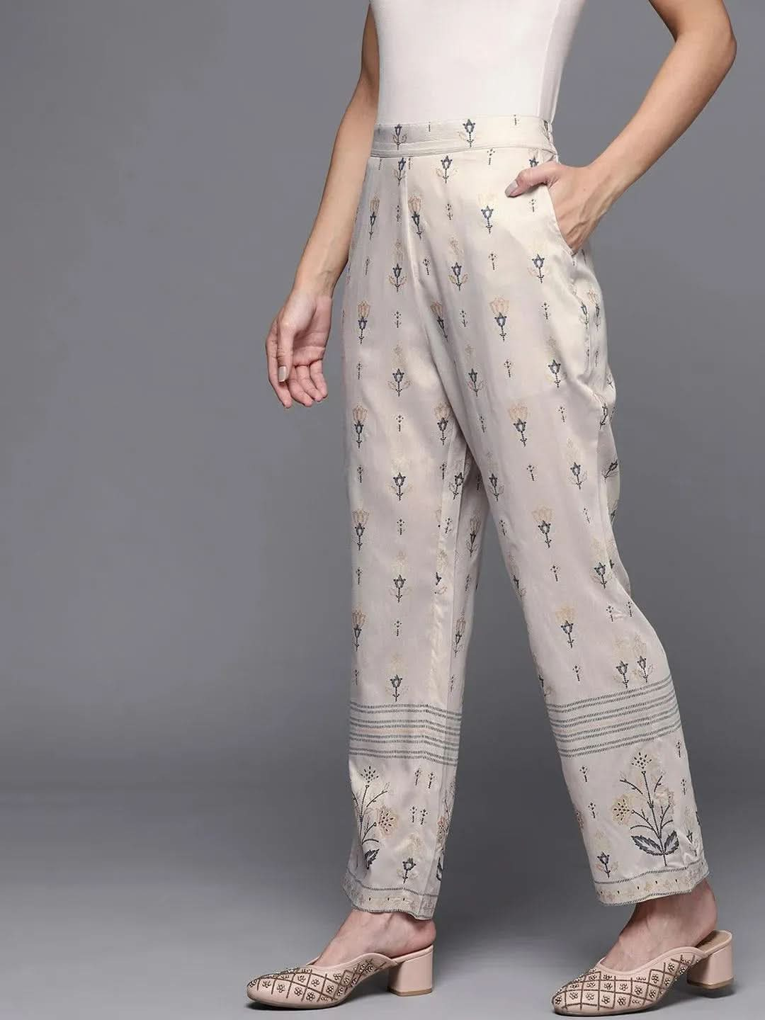 Grey Printed Silk Trousers - Libas