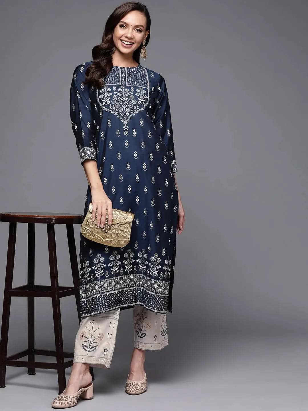 Grey Printed Silk Trousers - Libas 