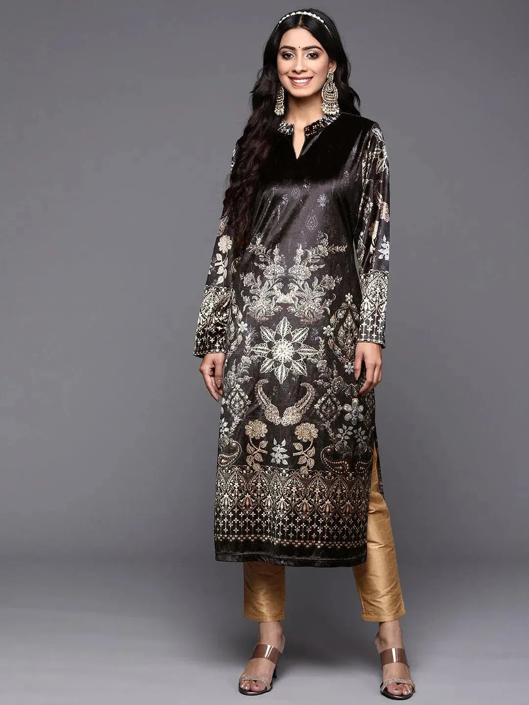 Grey Printed Velvet Straight Kurta - Libas