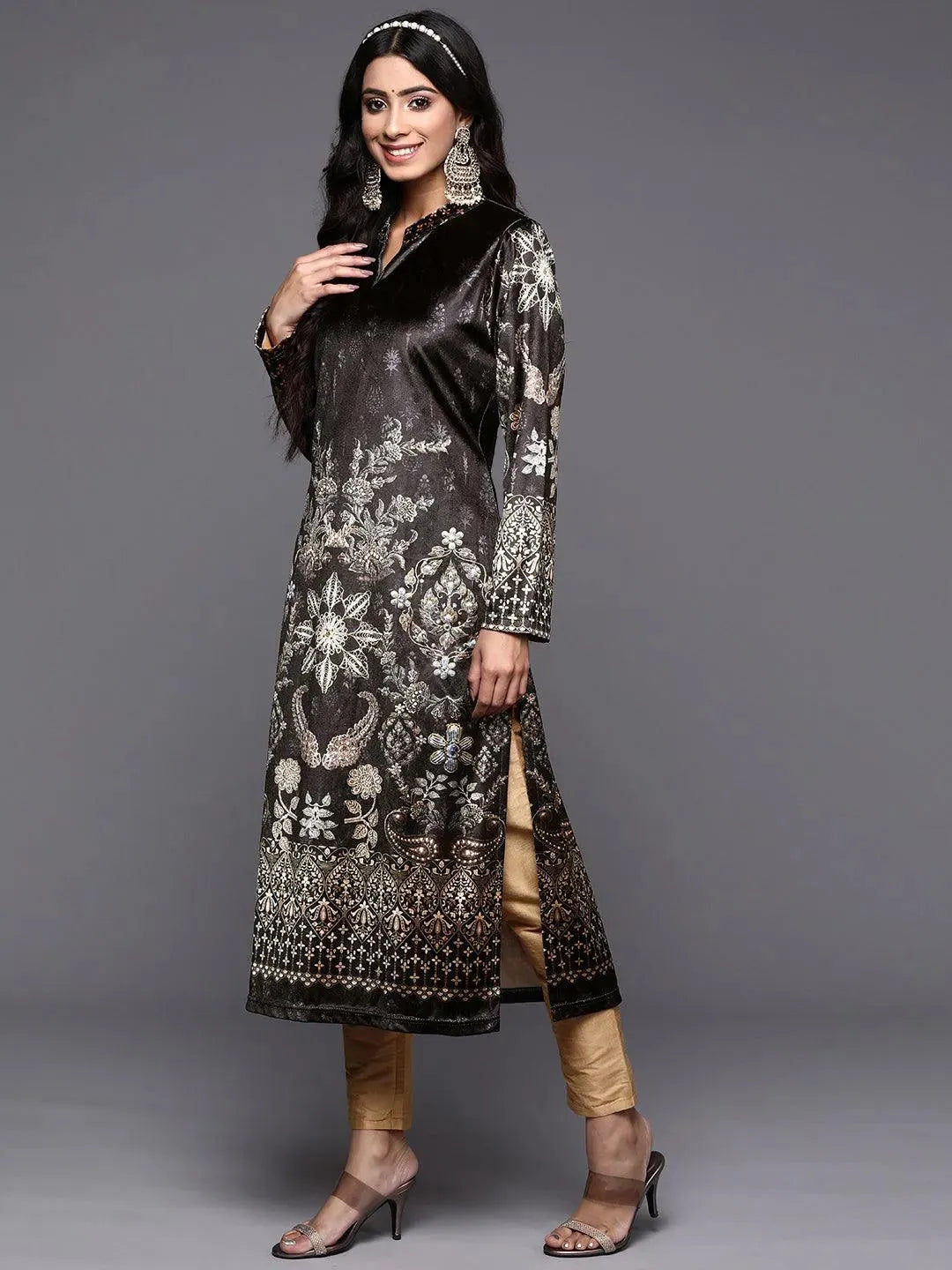 Grey Printed Velvet Straight Kurta - Libas