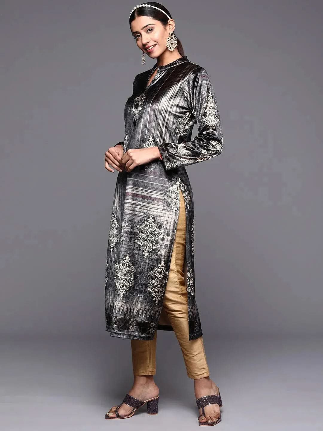 Grey Printed Velvet Straight Kurta - Libas 