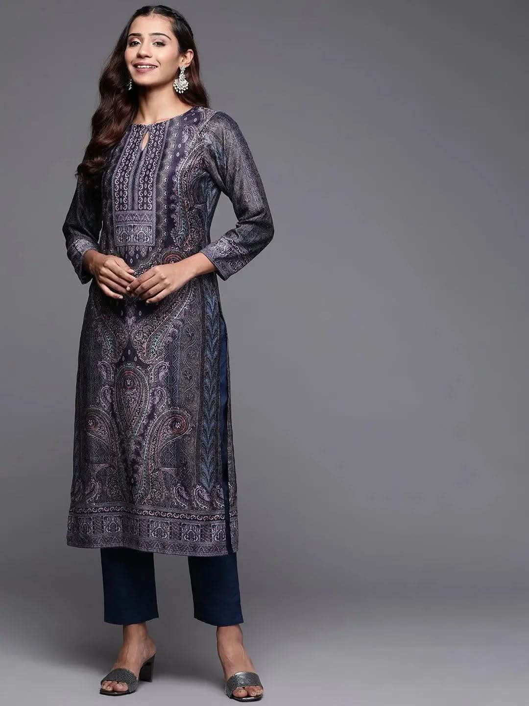 Grey Printed Velvet Straight Kurta - Libas 