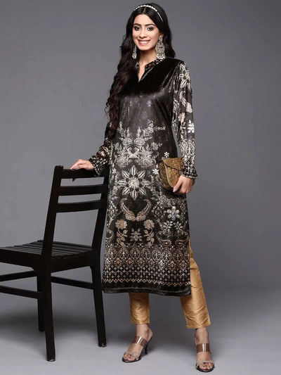 Grey Printed Velvet Straight Kurta - Libas