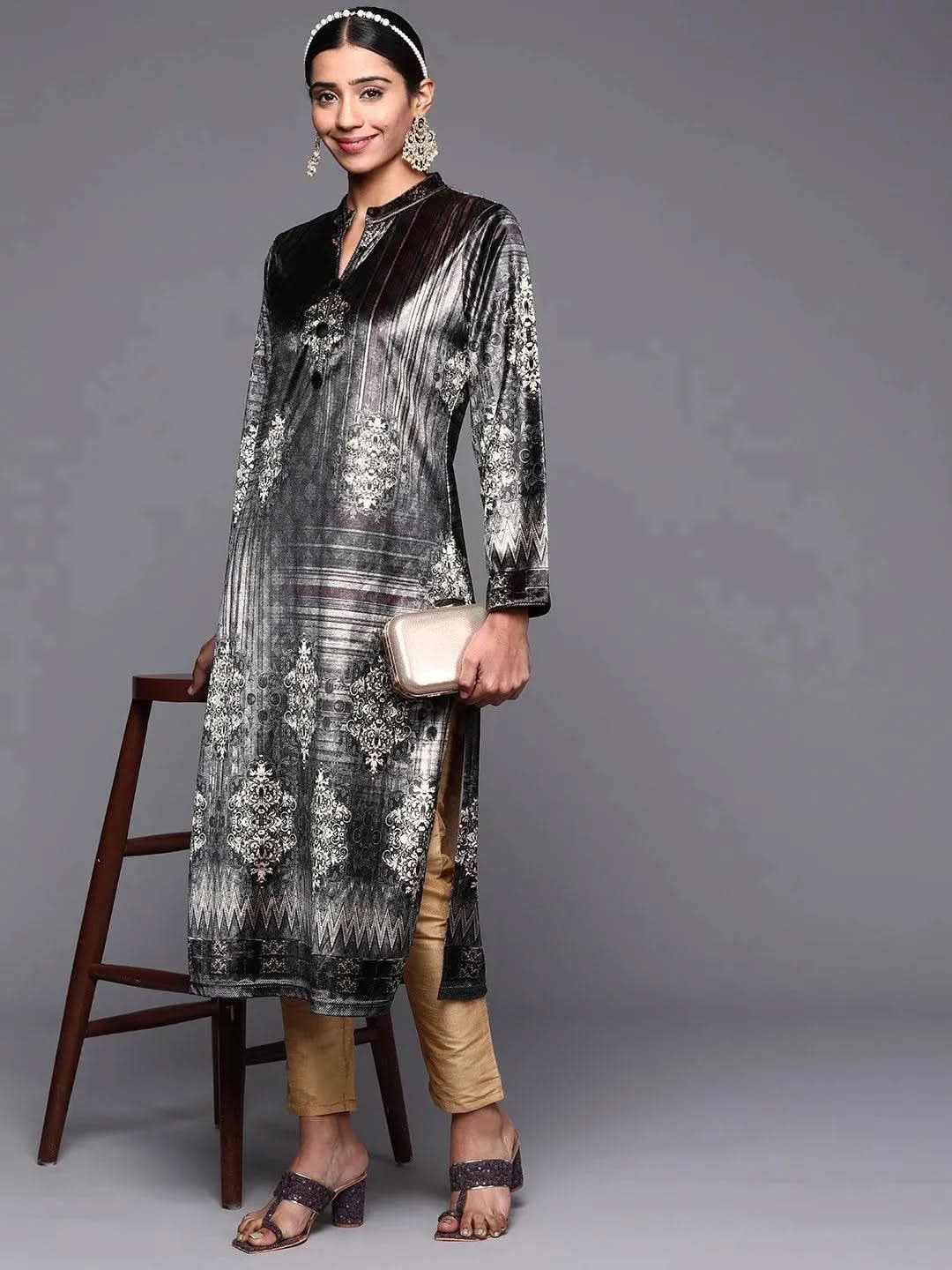 Grey Printed Velvet Straight Kurta - Libas 