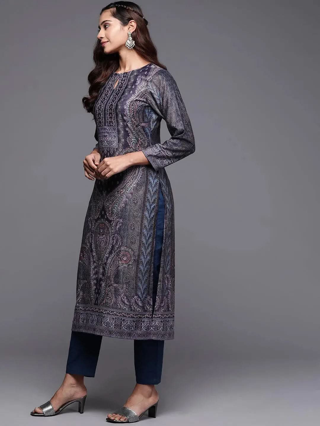 Grey Printed Velvet Straight Kurta - Libas 