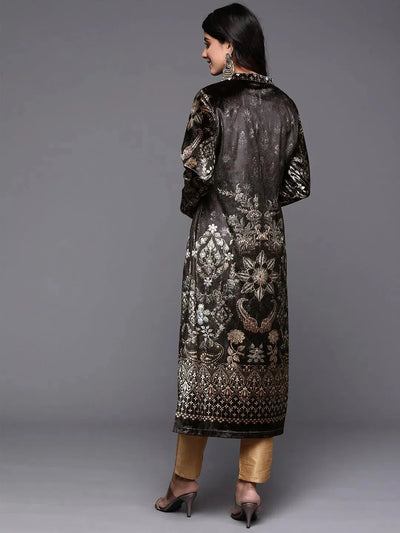 Grey Printed Velvet Straight Kurta - Libas