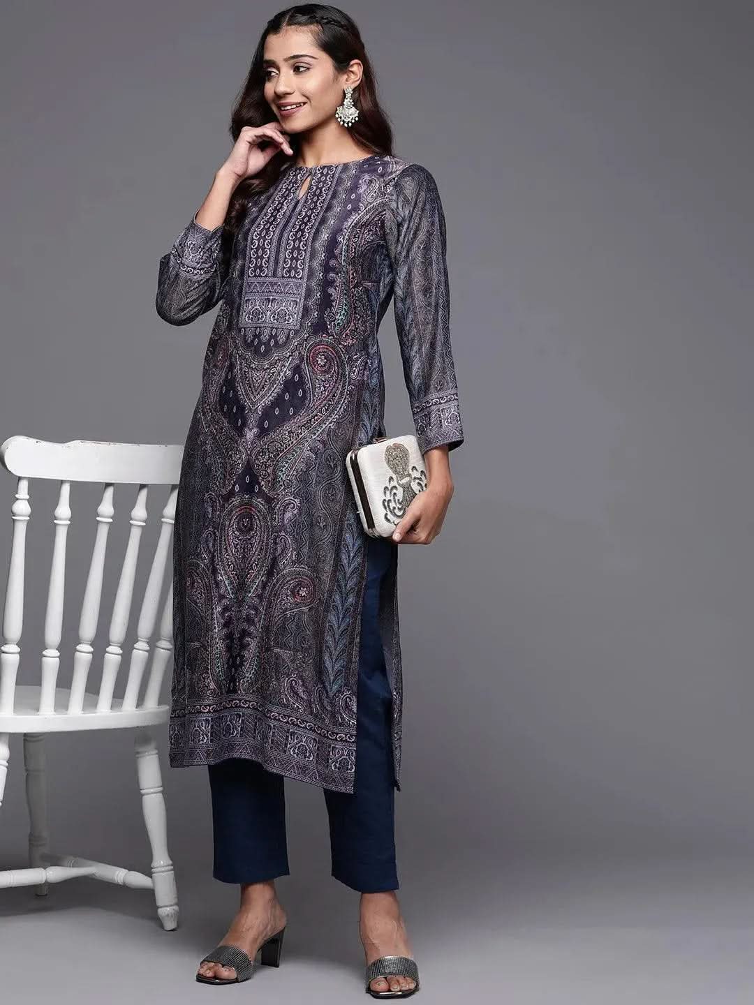 Grey Printed Velvet Straight Kurta - Libas 