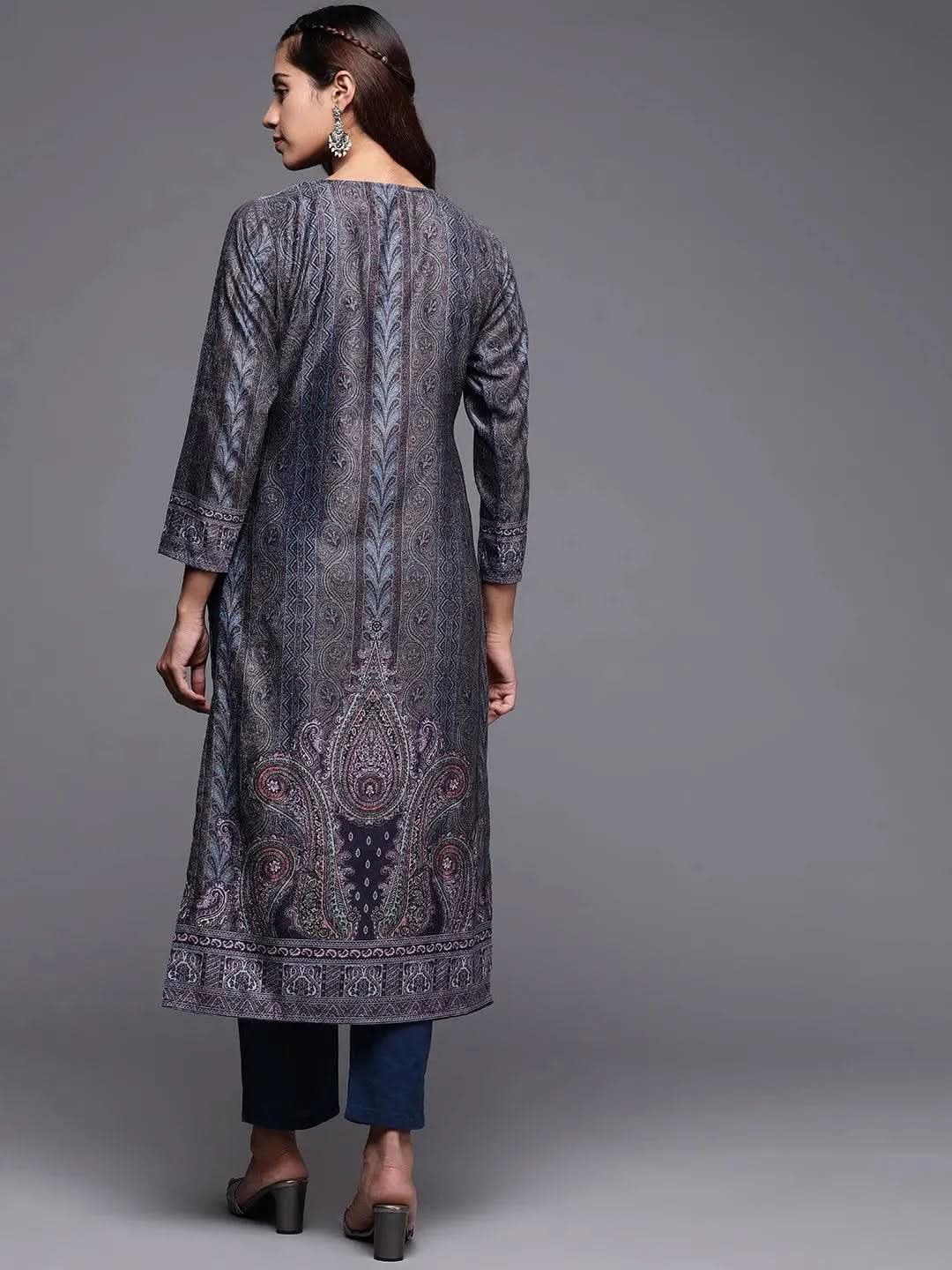 Grey Printed Velvet Straight Kurta - Libas 
