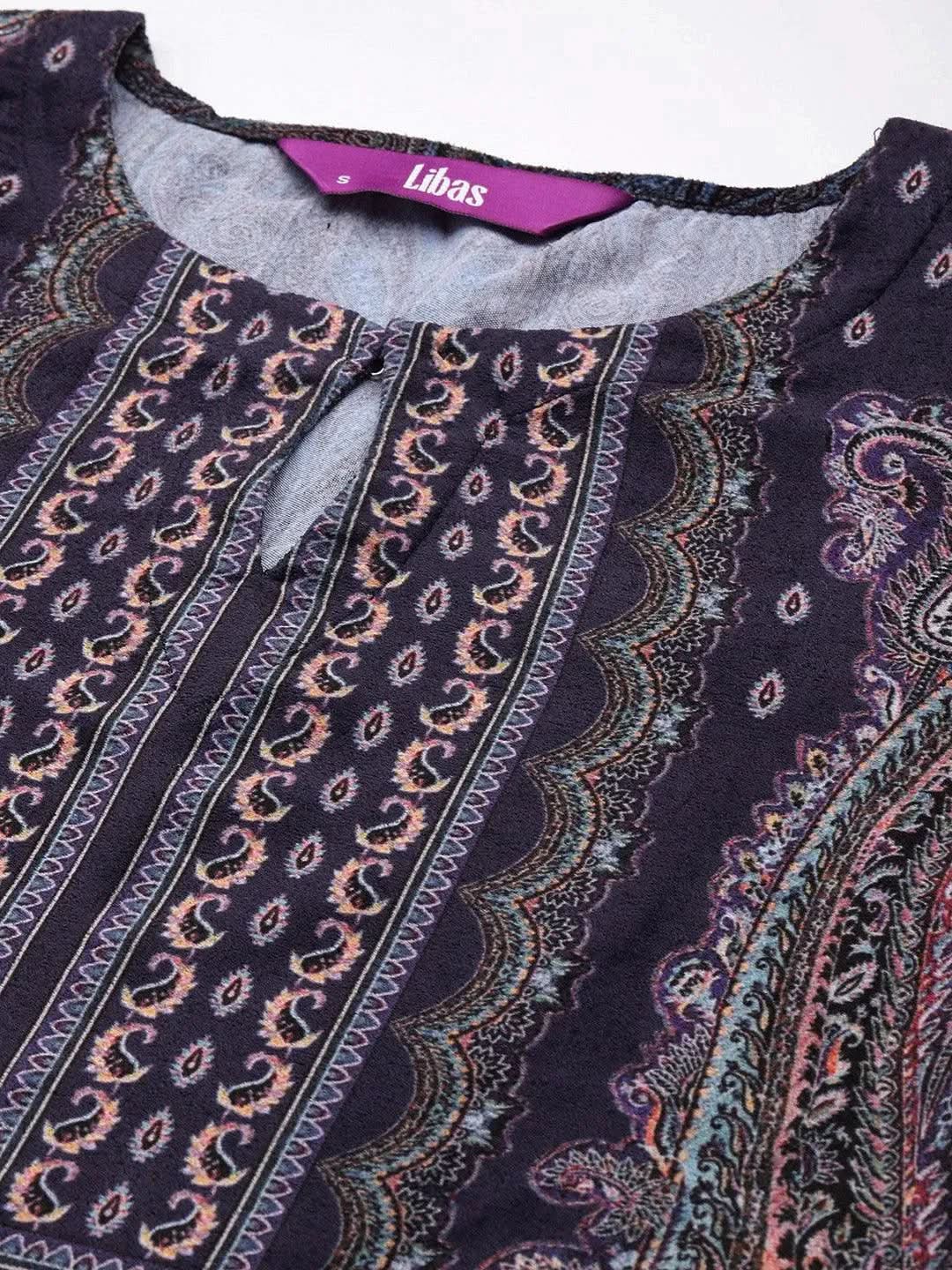 Grey Printed Velvet Straight Kurta - Libas 