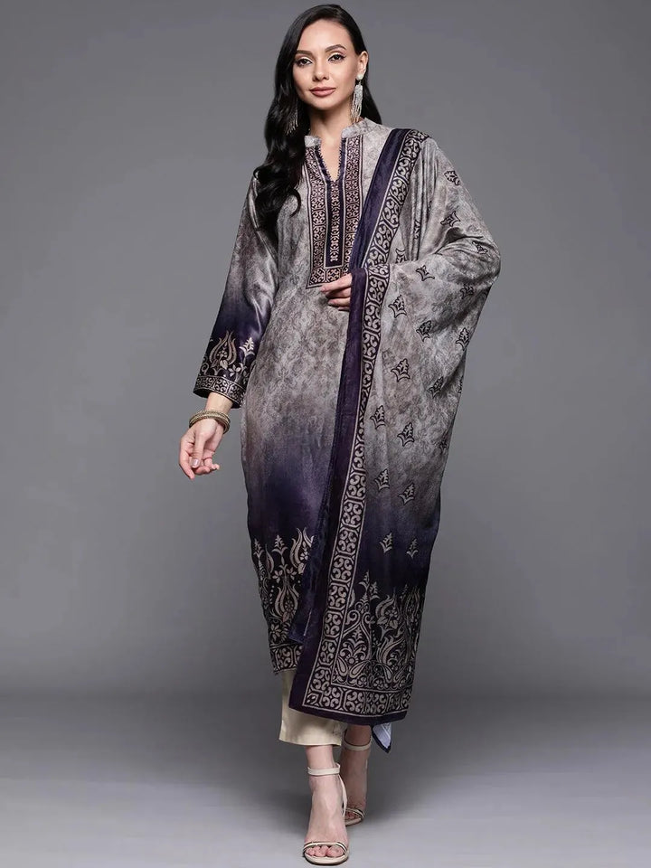 Grey Printed Velvet Suit Set - Libas