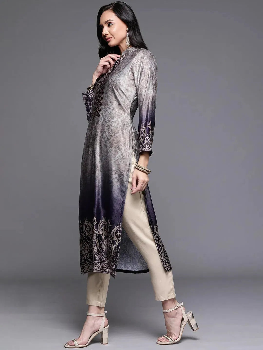 Grey Printed Velvet Suit Set - Libas 
