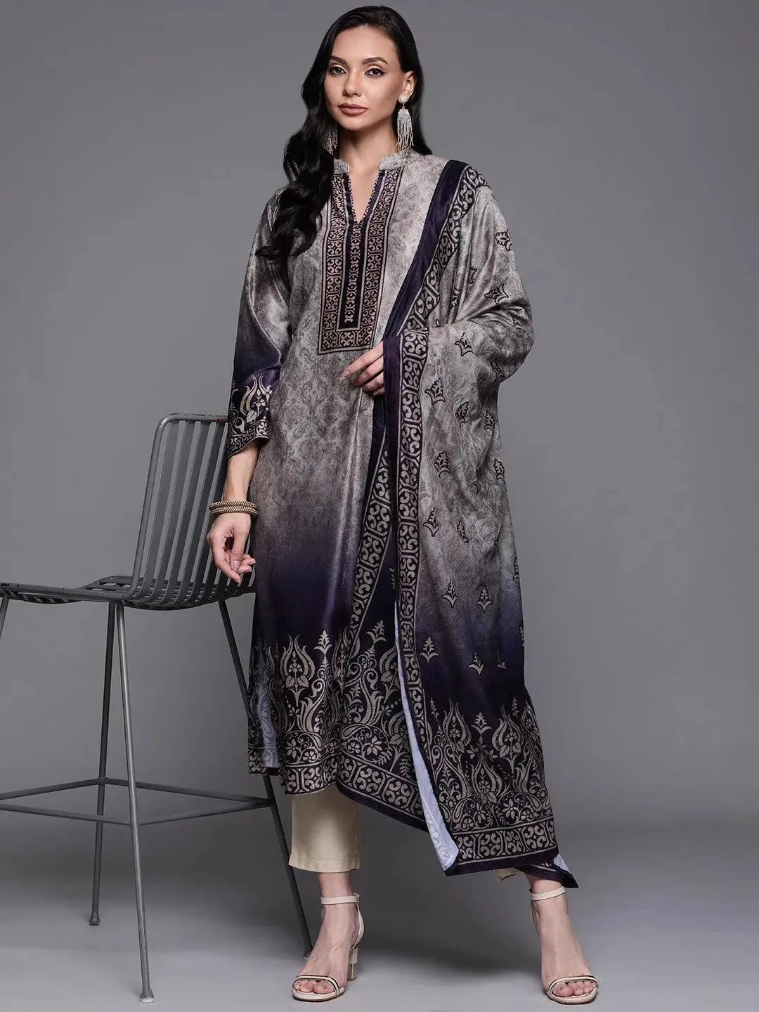Grey Printed Velvet Suit Set - Libas 