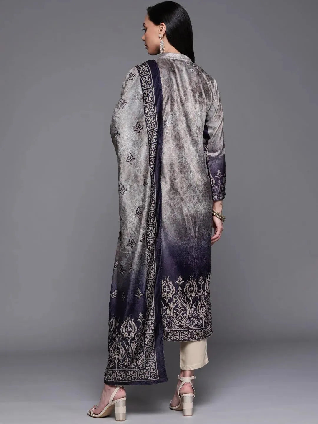 Grey Printed Velvet Suit Set - Libas 
