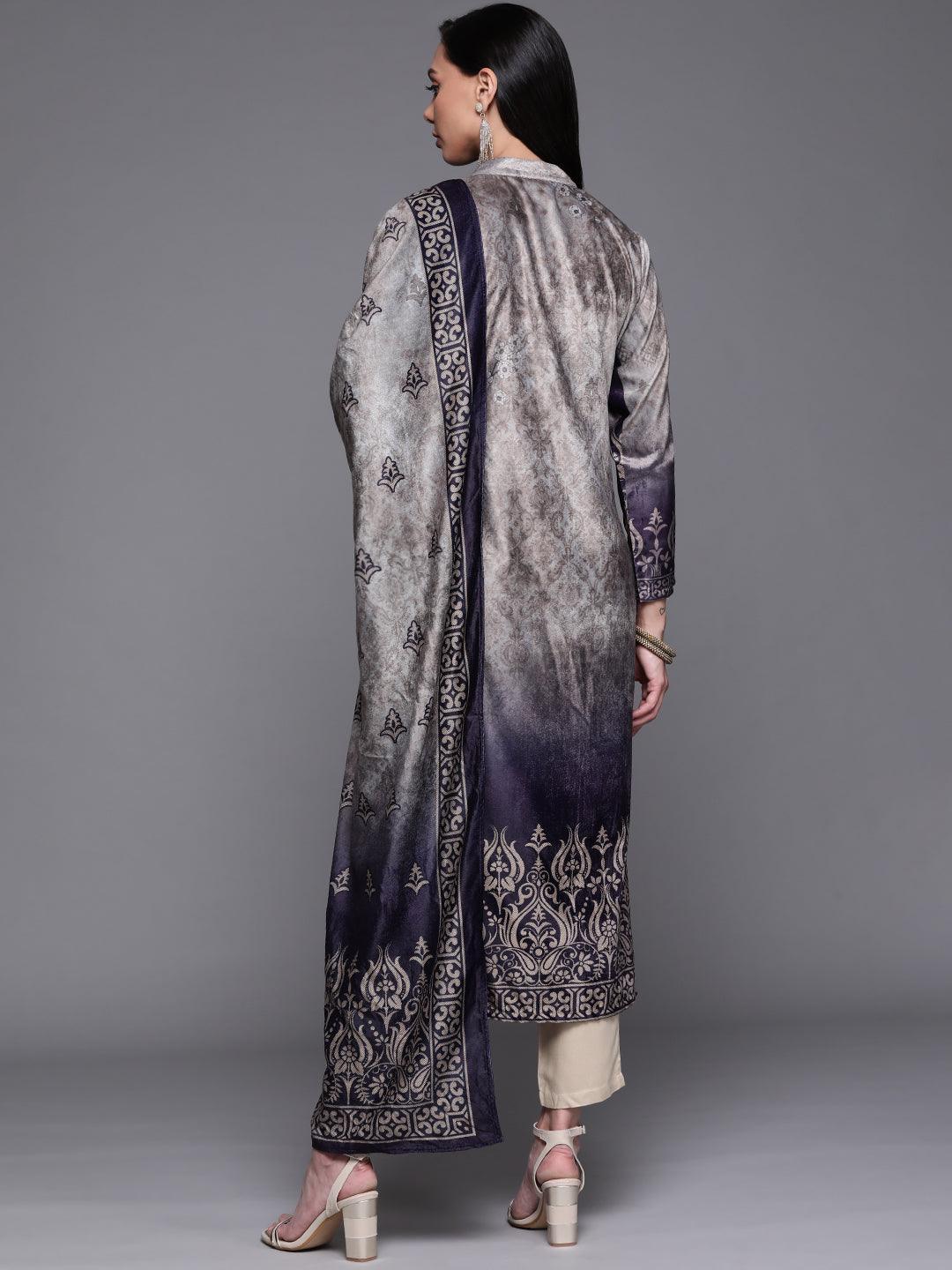 Grey Printed Velvet Suit Set - Libas