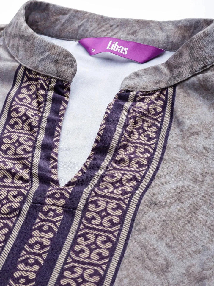 Grey Printed Velvet Suit Set - Libas