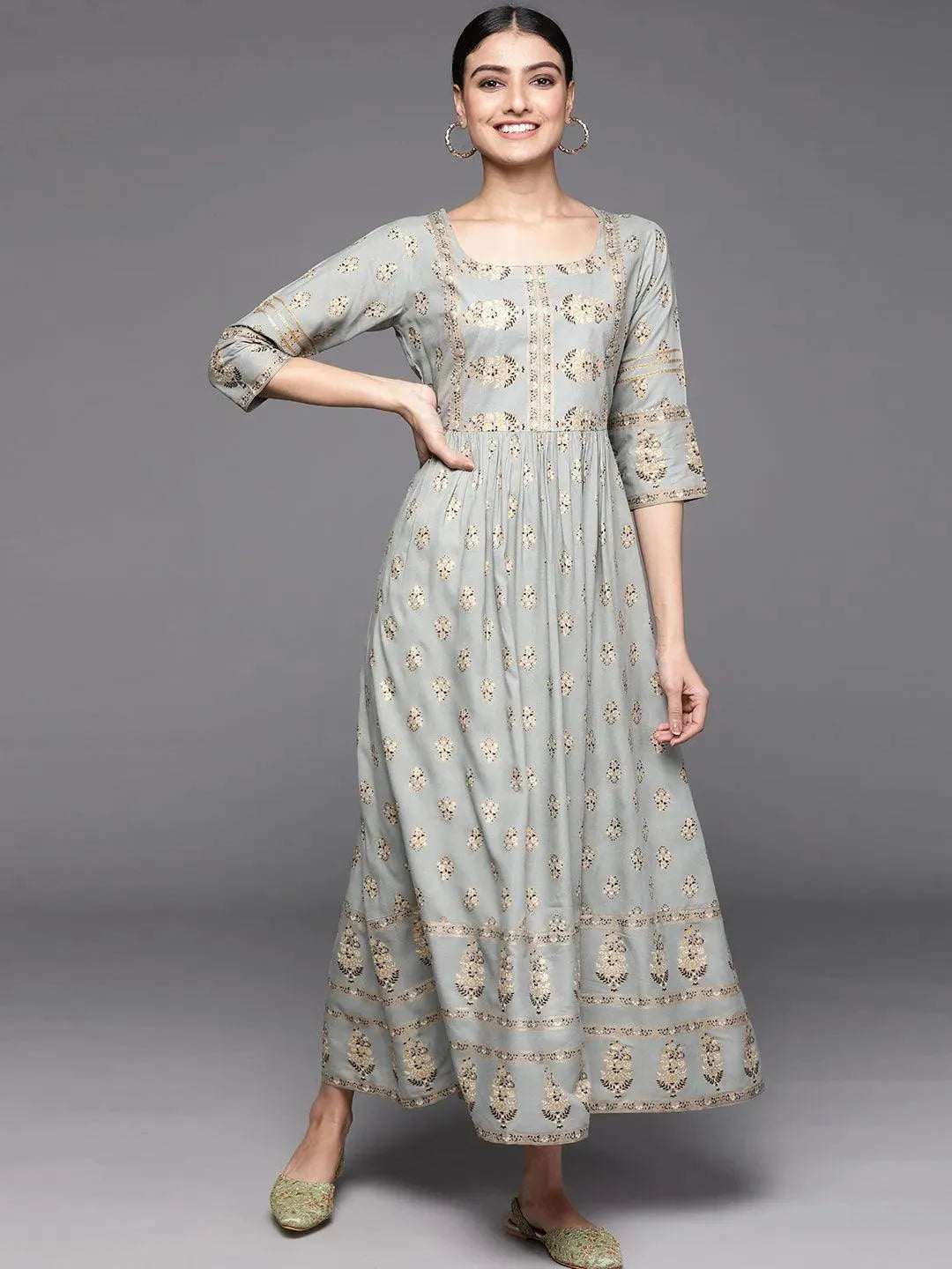 Grey Printed Viscose Rayon Dress - Libas